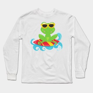 Cute Frog, Green Frog, Little Frog, Surfing Board Long Sleeve T-Shirt